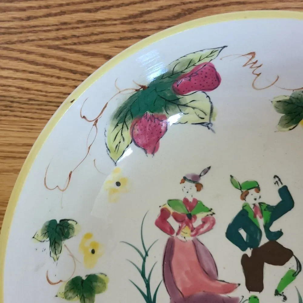 Vintage European Folk Art Handpainted Bowl - Dancing Man and Woman, Strawberries